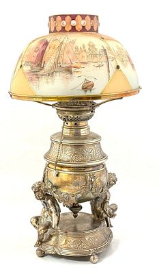 Gorgeous Royal Flemish Lamp, shade with 5 panels of sail boats and sea gulls on a stamped 