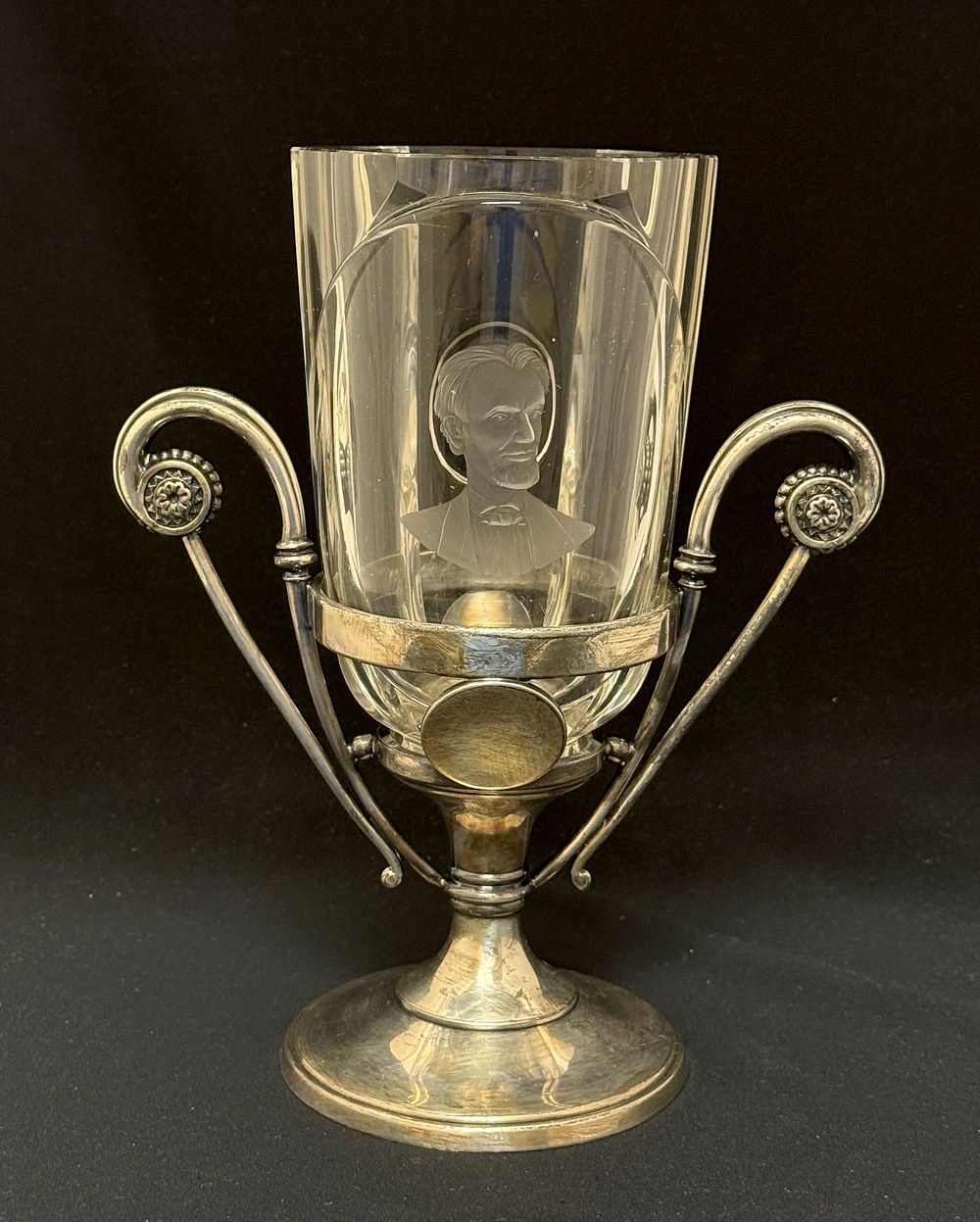 Lot 581: Etched Glass Vase Set in Metal