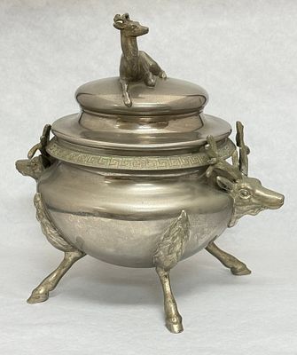 Antique Metal Covered Tureen. Antique metal covered Tureen with deer handles and finial; 11 1/2" 