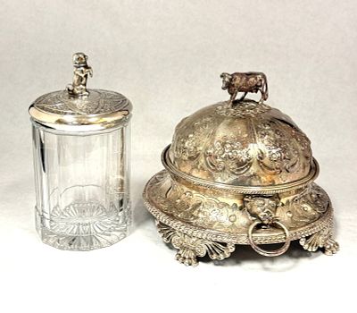 2 Silver Plate Items. 2 silver plate serving pieces, one covered butter with cow finial and a 
