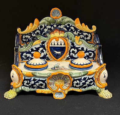 HenRiot Quimper Double Inkwell. HenRiot Quimper double inkwell with letter holder on paw feet 