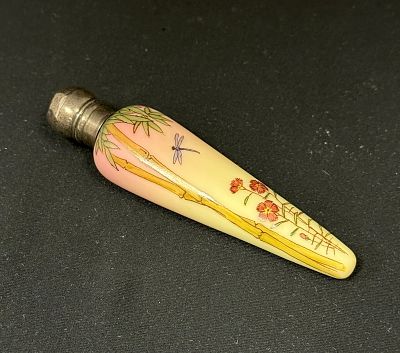 Webb Burmese Perfume. Webb tear drop form uranium based Burmese glass decorated with bamboo and 