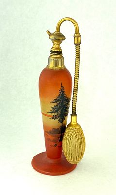 Czech Orange Scenic Perfume. Czech scenic orange perfume with green pine trees, 8 1/2" ht. 