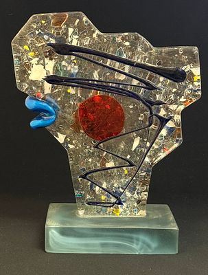 Murano Clown Sculpture. Gray footed Picasso style glass sculpture of a confetti glass clown with 
