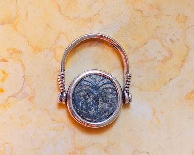 Silver swivel ring with original bronze prutah of Marcus Ambibulus, procurator of Judea under 