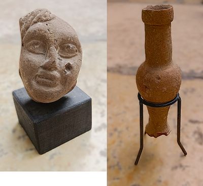אונגונטריום וראש חרס רומיים. Lot of early Roman pottery unguentarium, Roman terracotta 