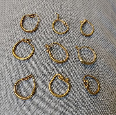 Four pairs of gold on wax earrings and one single; 4.4 grams; Roman; Professor Rachel Milstein 