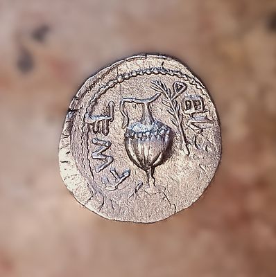Silver denarius ('Zuz'), the second year of Bar Kokhba Revolt. Obv.: Paleo-Hebrew inscription 