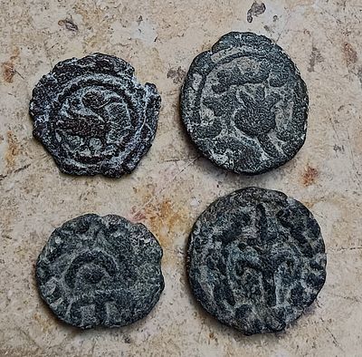 Lot of four Umayyad fals depicting bird, pomegranate, star and crescent, and reed; dated ca. 