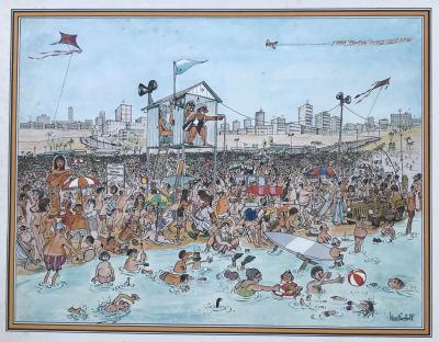 כרזה של קריקטורה מחוף תל אביב. גודל: 50/69 ס"מ.