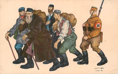 גלויה אחת של האמן ארתור שיק שמראה את "אימת המלחמה", 1940. בצד האחורי נשרט טלאי קטן.