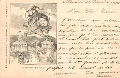 גלויה אנטישמית אחת 1900. יהודים משתלטים על הבורסה בפריס ובברלין.