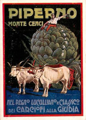 גלויה אחת, איטליה בשנות העשרים. פרסומת למסעדה המגישה ארטישוק רומאי-יהודי.