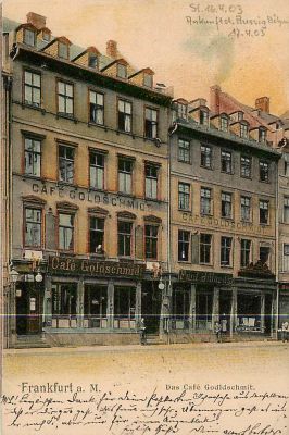 גלויה אחת עם בית הקפה היהודי גולדשמידט בפרנקפורט, גרמניה, 1900.