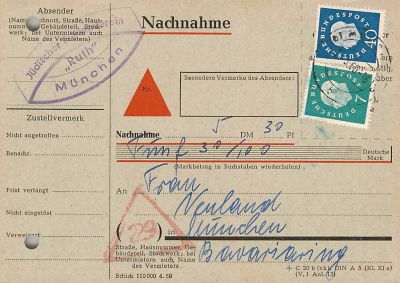 כרטיס קבלה אחד מארגון נשים יהודי במינכן בשם רות. גודל גלויה.