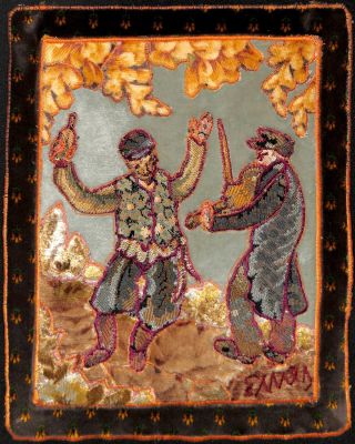 רקמת יודאיקה אחת עם כליזמר יהודי, מזרח אירופה שנות ה-50. גודל: 32/25 ס"מ.