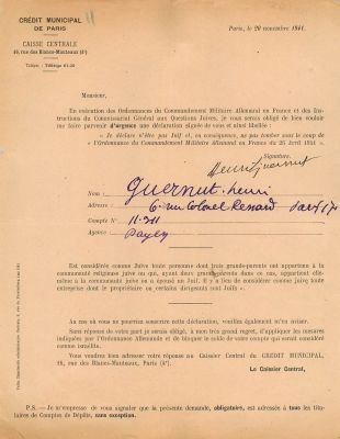 מסמך אחד פריז 1941. הצהרה שנשאלה על ידי הנאצים המאשרת את אי היותם יהודים.