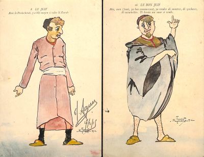 לוט שתי גלויות קריקטורות עם יהודים 1910, מרוקו.