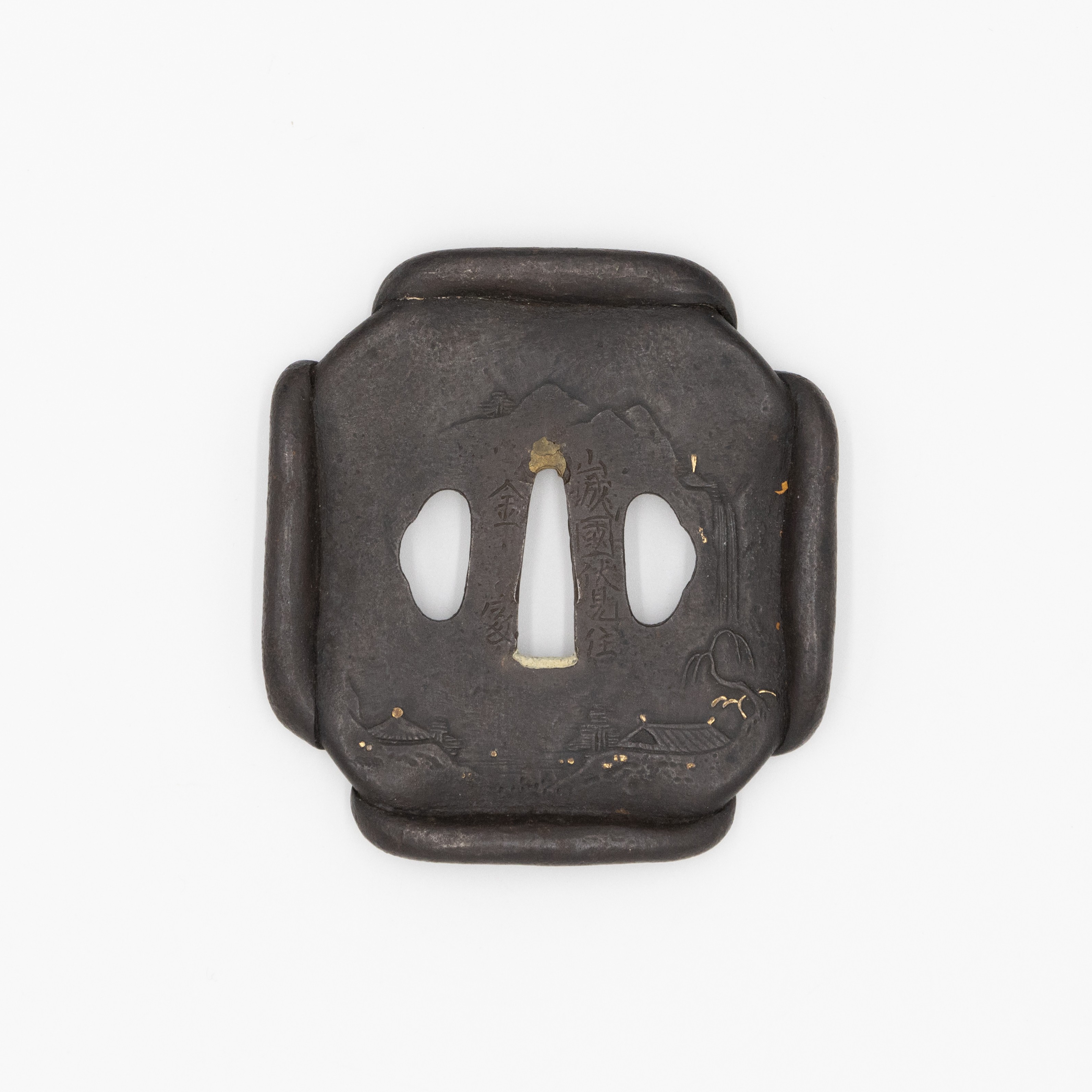 Iron Tsuba, Landscape Design and Copper Inlay, Signed Kaneie