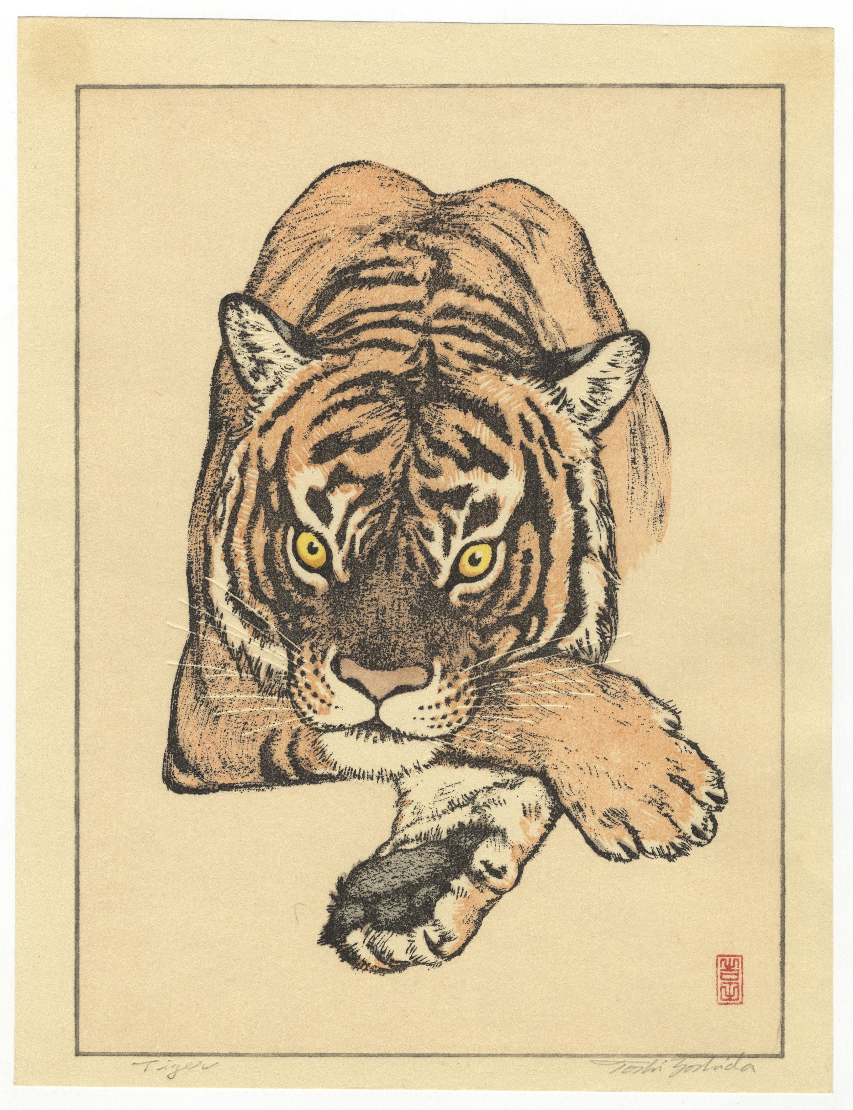 Toshi Yoshida, Tiger, Pencil Signature, Shin-Hanga
