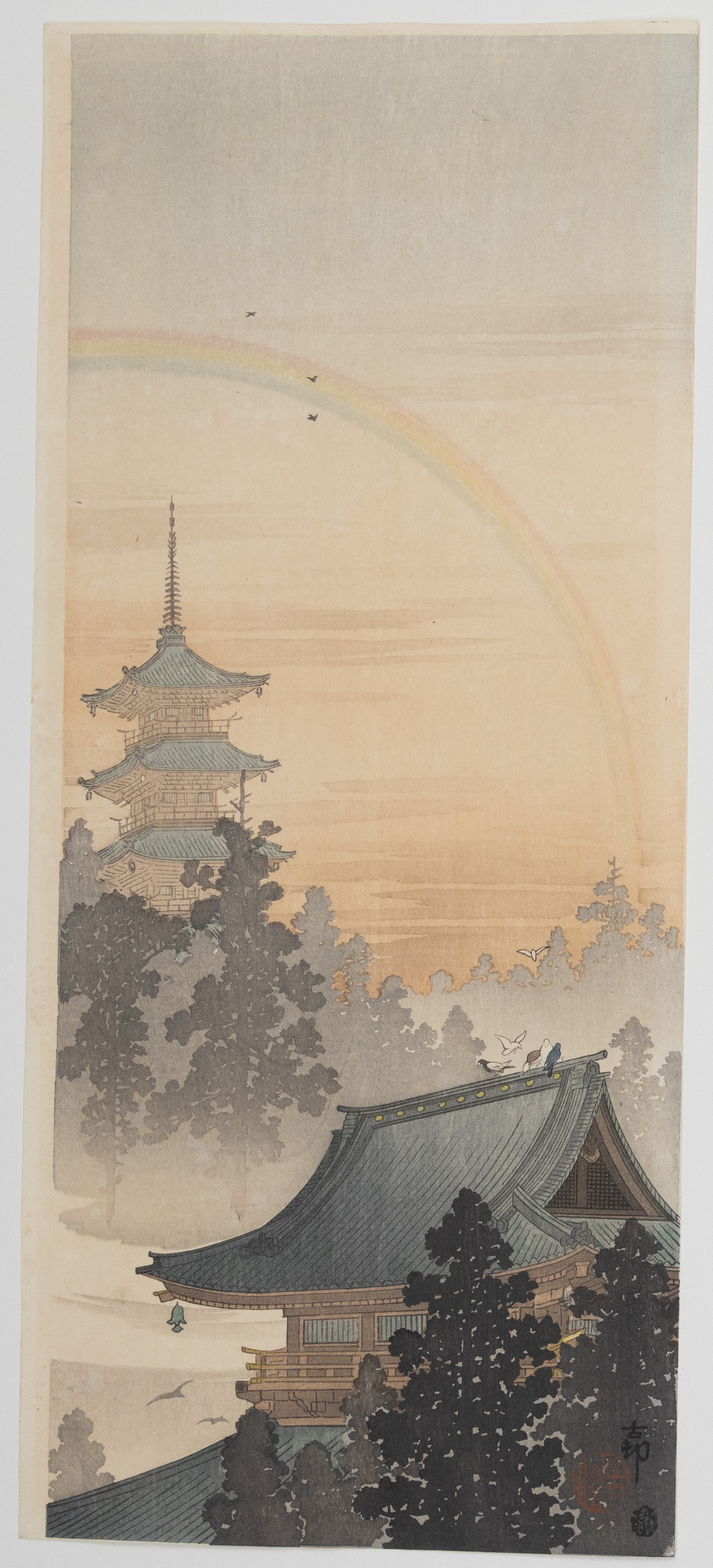 Koson Ohara, Pagoda and Rainbow, Antique Landscape