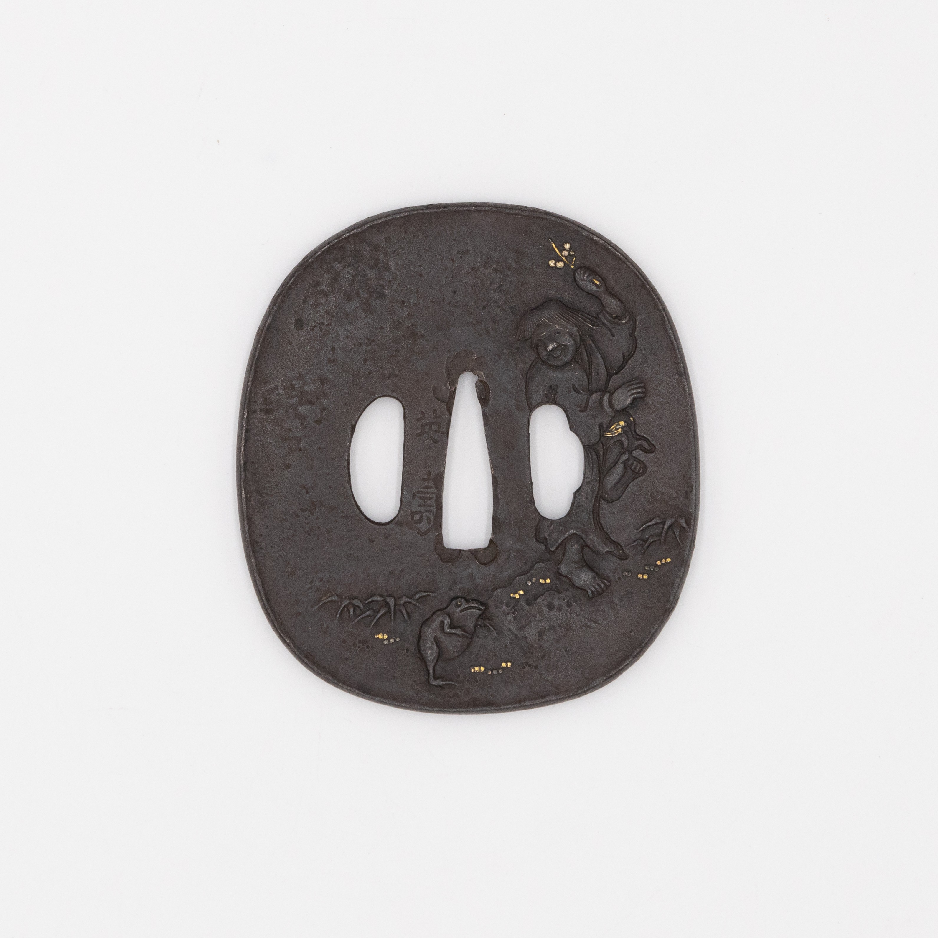Iron Tsuba, Man and Frog Design, Signed Hidetoshi