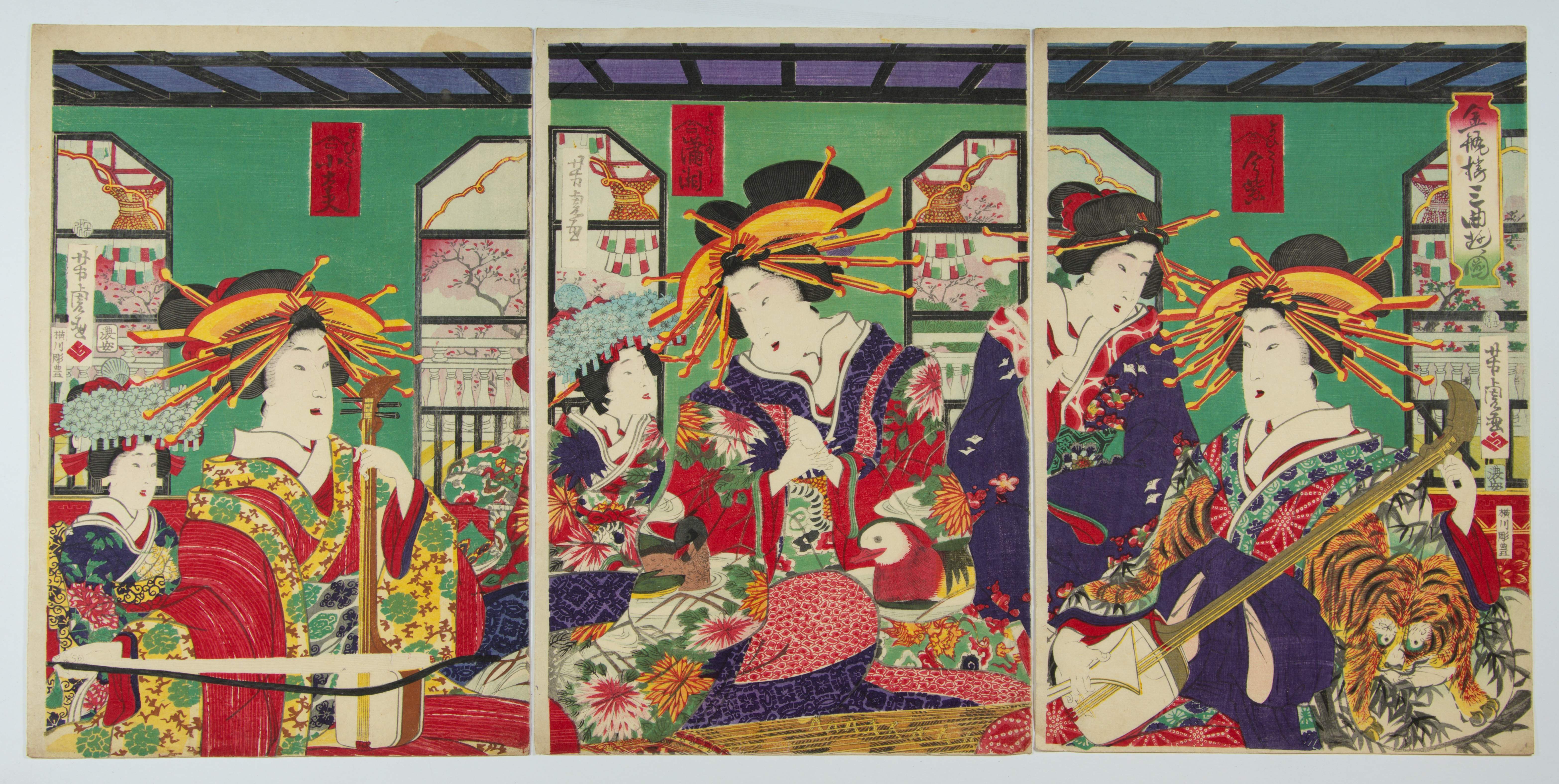 Yoshitora Utagawa, Courtesans Trio Playing, Meiji Print