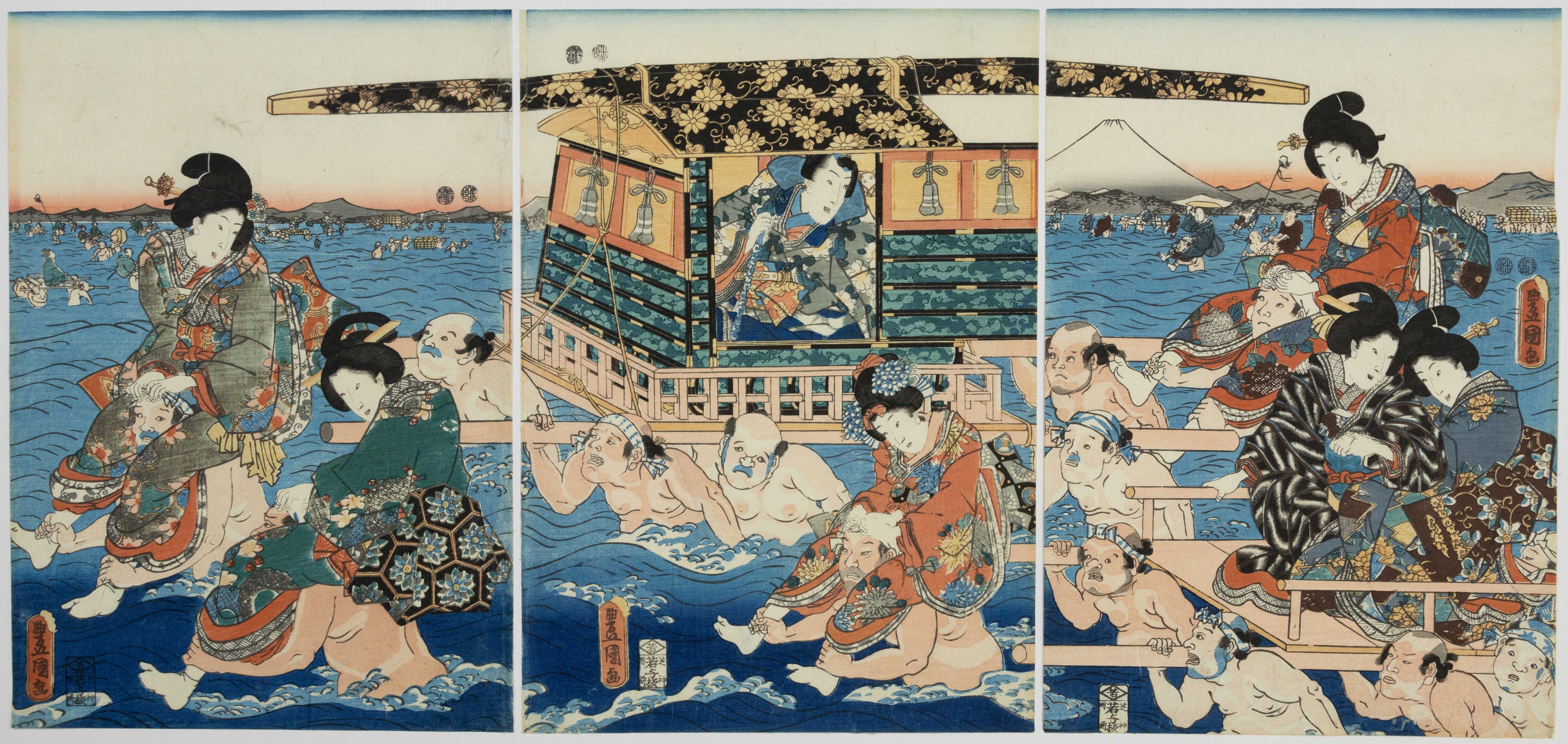 Toyokuni III, Genji Fording the River Oi, Mount Fuji