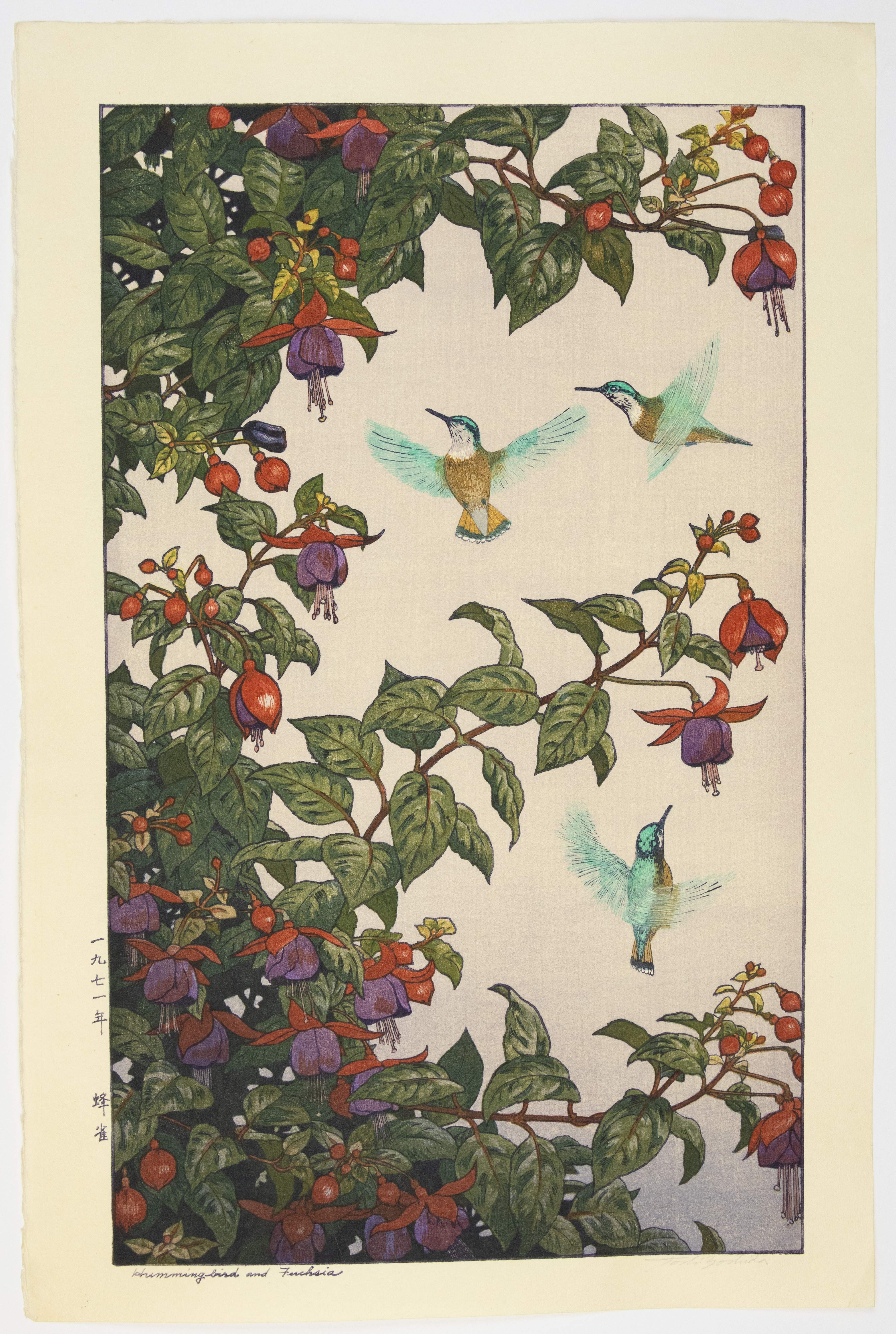 Toshi Yoshida, Hummingbird and Fuchsia, Pencil Signature