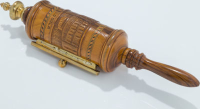 An Olivewood Megillah Case With Original Megillah. AN OLIVEWOOD MEGILLAH CASE WITH ORIGINAL 