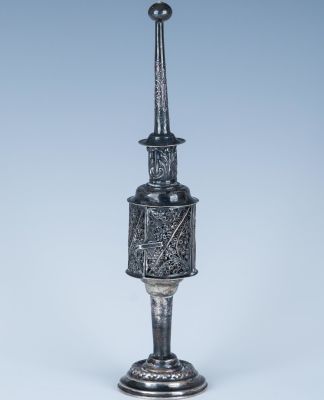 A SILVER SPICE CONTAINER BY EILART. Berlin, c.1880. On round embossed base with cylindrical 
