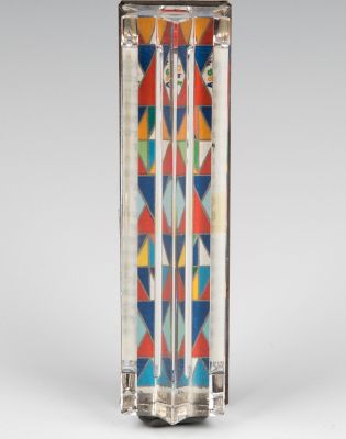 A STERLING AND GLASS MEZUZAH BY YAACOV AGAM. Israel, c. 1980. Multicolored body in Jewish star 