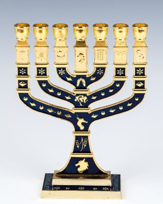 A BRASS AND ENAMEL TWELVE TRIBE OF ISRAEL MENORAH.Modern. In the style of the official symbol 