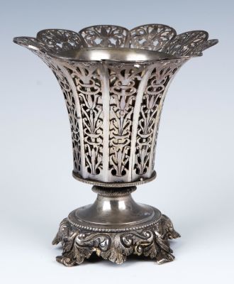 A SILVER KIDDUSH CUP WITH STAND. Turkey, c. 1900. On baroque base with lattice cut silver work 