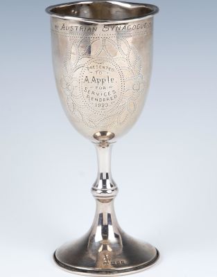 A LARGE STERLING SILVER KIDDUSH GOBLET. London, 1923. On round base. With presentation 