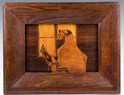 A RARE WOODEN INLAID WALL DECORATION. American, c. 1900. Praying rabbi. is in overall good 