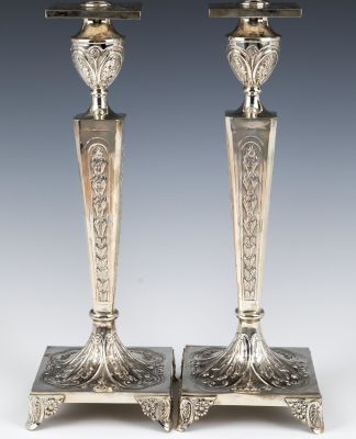 A PAIR OF LARGE SILVER SABBATH CANDLESTICKS. Portugal, 20th century. On baroque feet with 