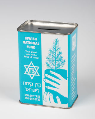 2. A JNF COLLECTION CONTAINER. New York, c. 1980. Blue and white with a tree about to be 