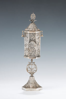 12. A VERY LARGE SILVER SPICE TOWER. Morocco, early 20th century. On an octagonal base chased 