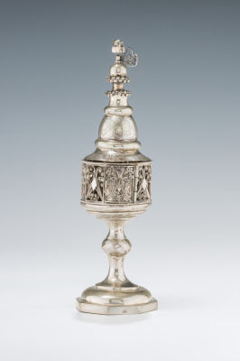 17. A SILVER SPICE CONTAINER. Poland, c. 1850. On an eight sided base marked 12 that attaches 