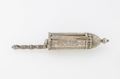 23. A SILVER MEGILLAH CASE WITH ORIGINAL MEGILLAH. Ottoman Empire, c. 1860. With a solid 