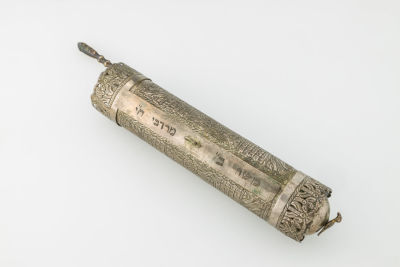 29. A SILVER MEGILLAH CASE WITH ORIGINAL MEGILLAH. Ottoman Empire, c. 1880. Engraved and chased 
