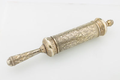 32. A PARCEL GILT MEGILLAH CASE WITH THE ORIGINAL MEGILLAH. Ottoman Empire, c. 1900. Hand 