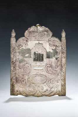42. A TORAH SHIELD. American, c. 1940. Decorated with a decalogue, a crown and scrolling and 