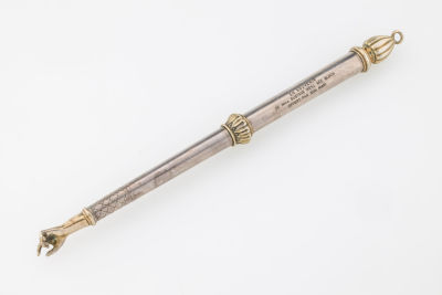 44. A SILVER TORAH POINTER. Probably France, c. 1850. With two grips, each formed by Acanthus 