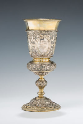 47. A LARGE SILVER KIDDUSH CUP. Austria, c. 1880. Baroque form. With four panels, each with a 