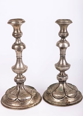 A LARGE PAIR OF SILVER SABBATH CANDLESTICKS. Vienna, c. 1880. On round bases engraved with 