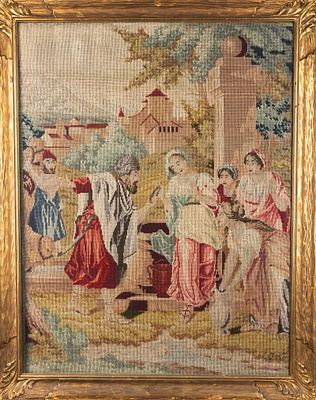 AN EARLY BIBLICAL TAPESTRY. Continental, c. 1800 . Hand woven in good condition. Rebecca at the. 