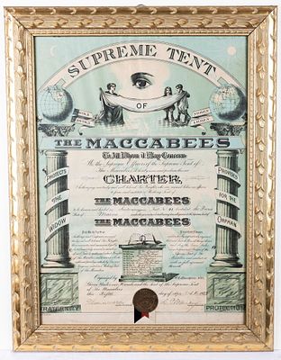 AN EARLY MASONIC CHARTER CERTIFICATE. Granting a charter to the Maccabees in 1923 in Maine. 28&#8221