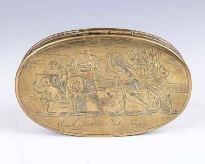 2. AN EARLY BRASS BIBLICAL TOBACCO BOX. Dutch, 18th century. Engraved with the scene from 